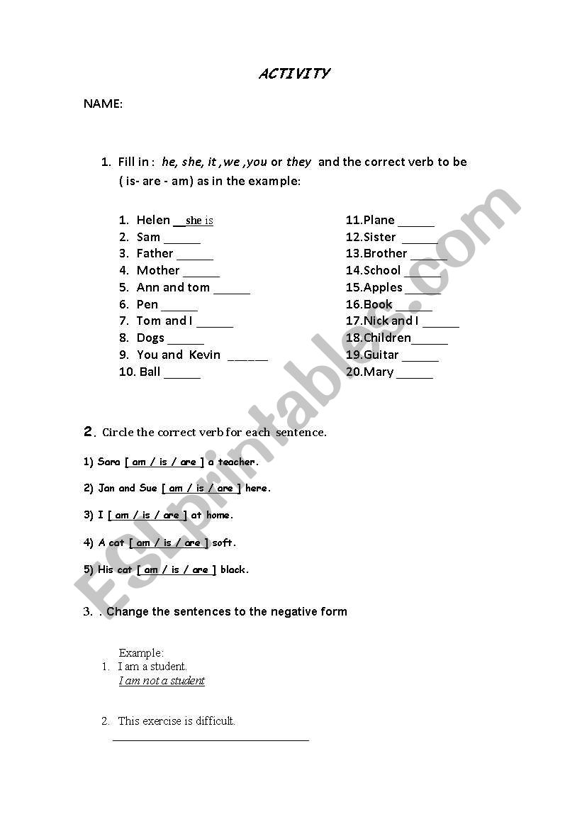 verb to be worksheet