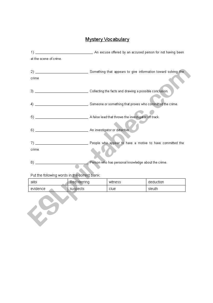 Mystery Vocabulary worksheet worksheet