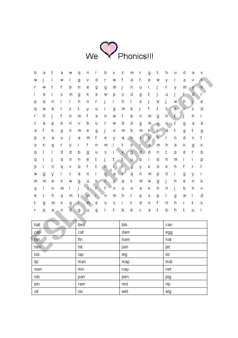 english worksheets short vowel phonics word search