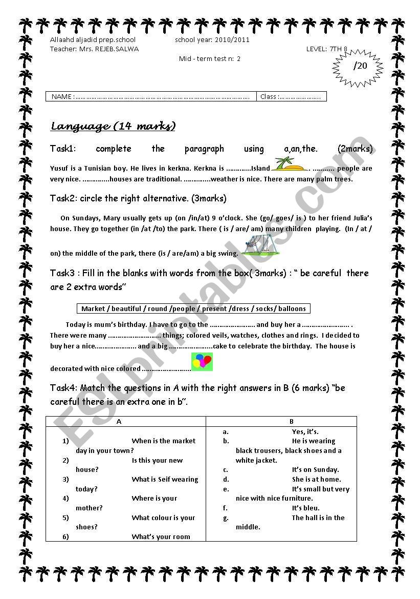 exam 7th form language worksheet