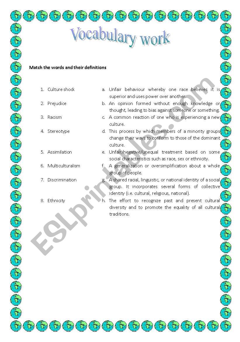 Vocabulary work about  multiculturalism