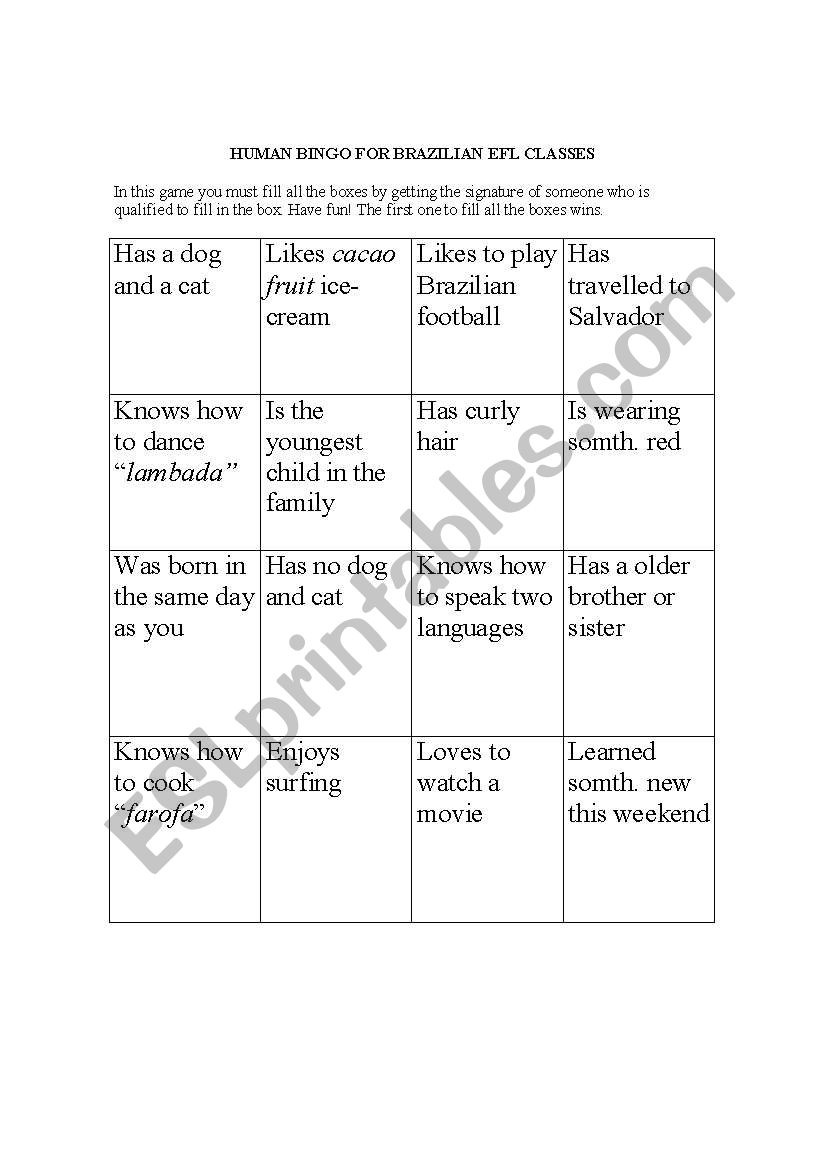 HUMAN BINGO FOR BRAZILIAN EFL CLASSES