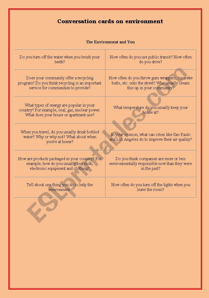 conversation on environment worksheet