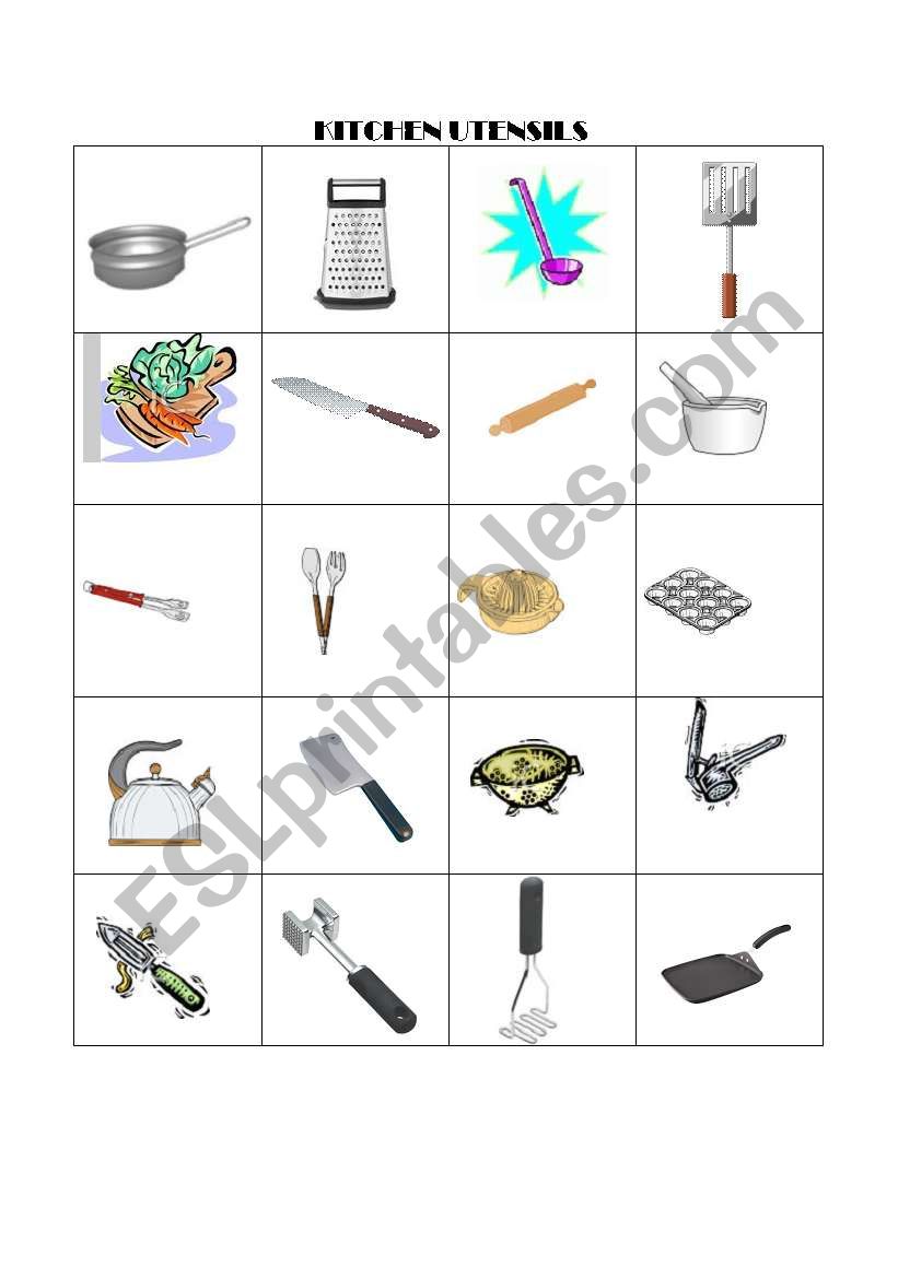 Kitchen utensils memory game worksheet