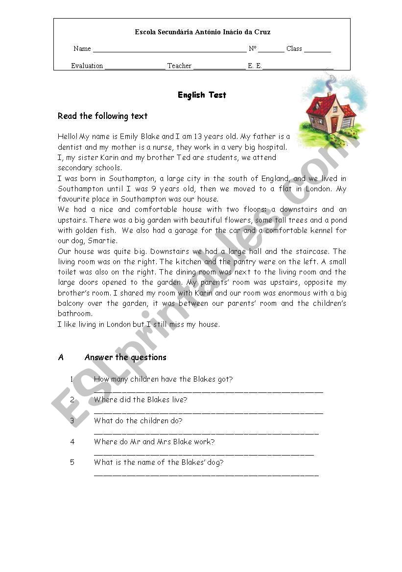 Test about Houses worksheet