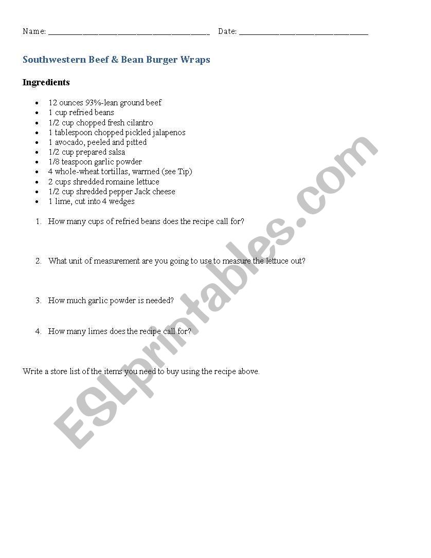 Southwest Recipe Worksheet worksheet