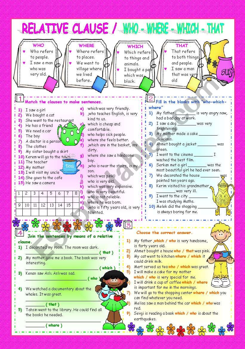 RELATIVE CLAUSES WHO WHICH WHERE THAT ESL Worksheet By Lady gargara