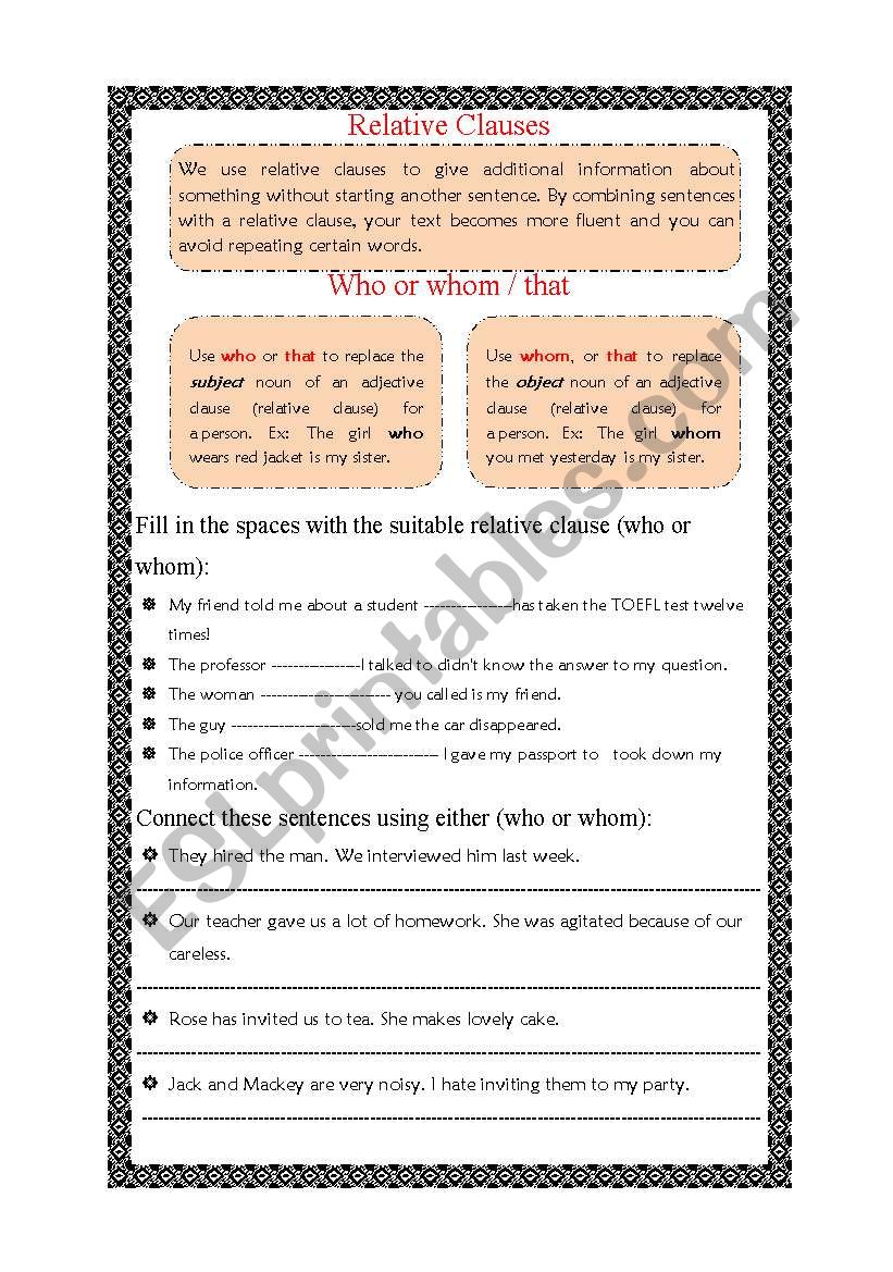 Relative Cluase - Who or Whom worksheet