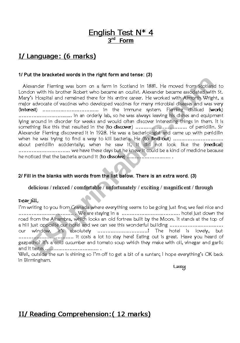 tes n 4 for bac pupils reading comprehension language writing about education and online learning test n 4 for 3 rd year pupils reading comprehension about diseases and medecine language and writing