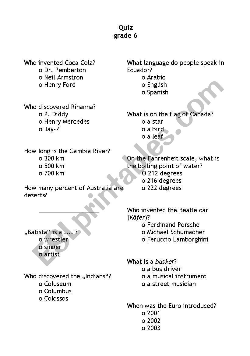 Quiz by student worksheet