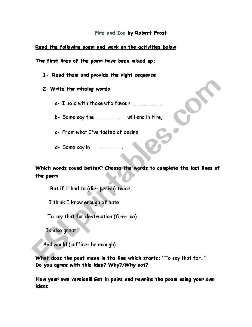 FIRE AND ICE POEM worksheet