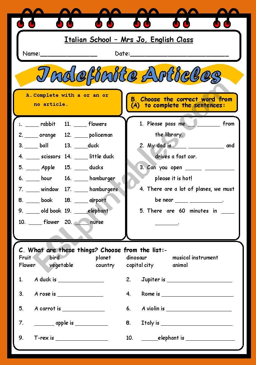 Indefinite Articles ESL Worksheet By Salaskas1