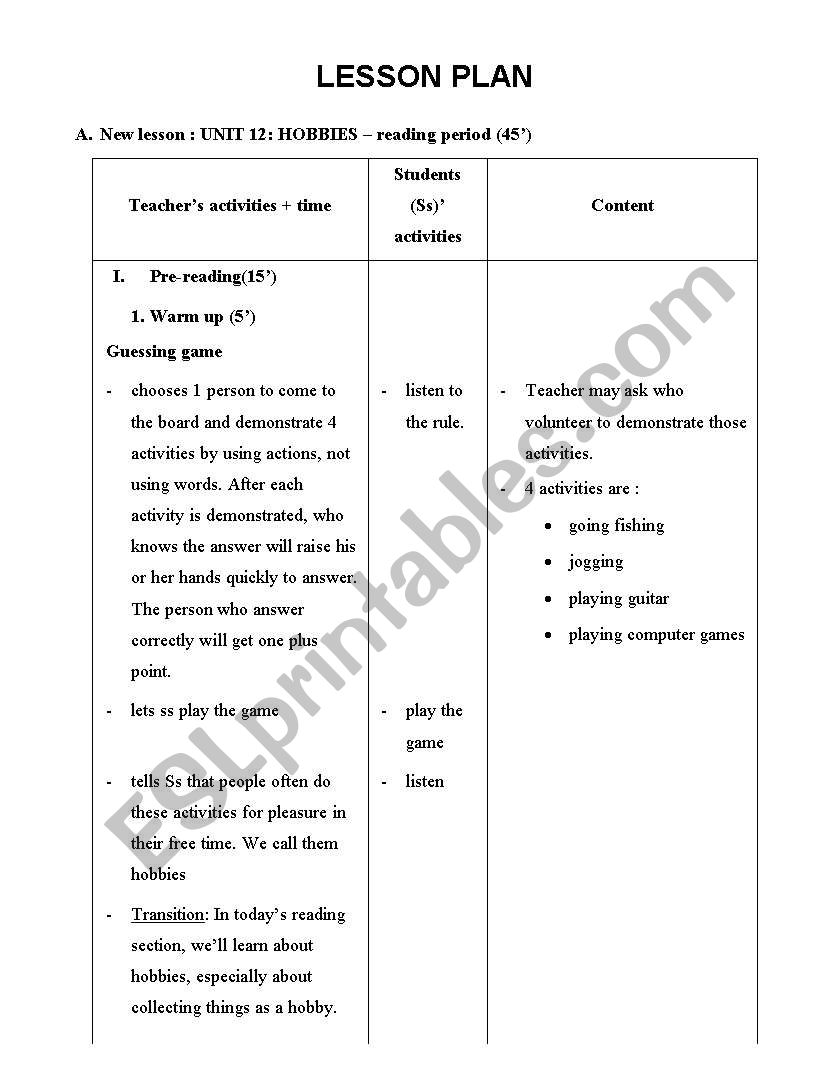 Hobbies - lesson plan worksheet