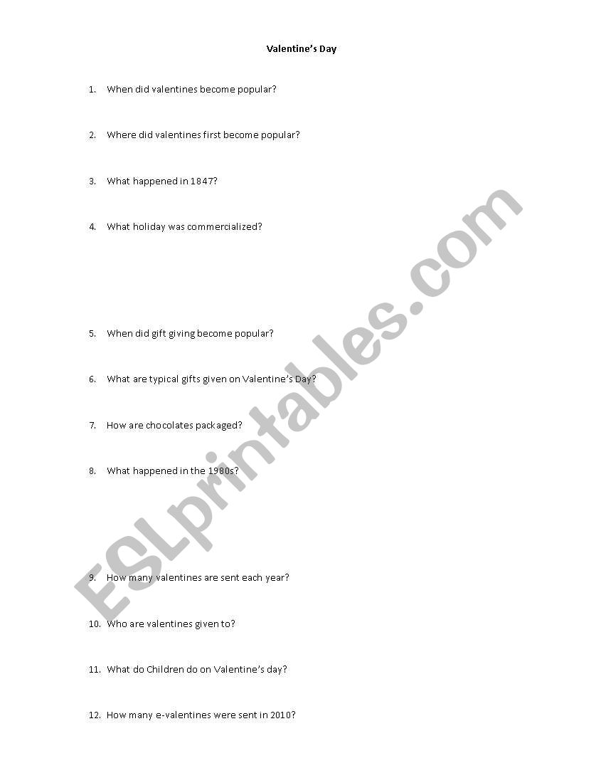 English worksheets: Valentines day quiz for Beginner-Intermediate