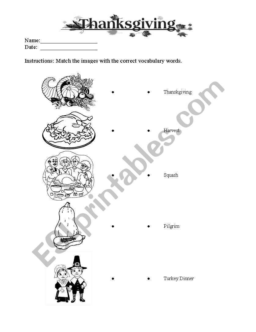 Thanksgiving vocab matching worksheet