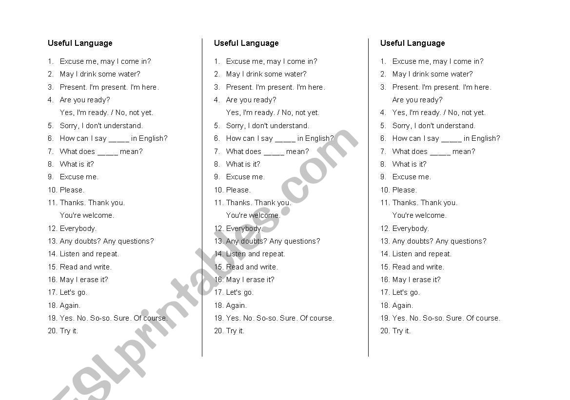 Useful language worksheet