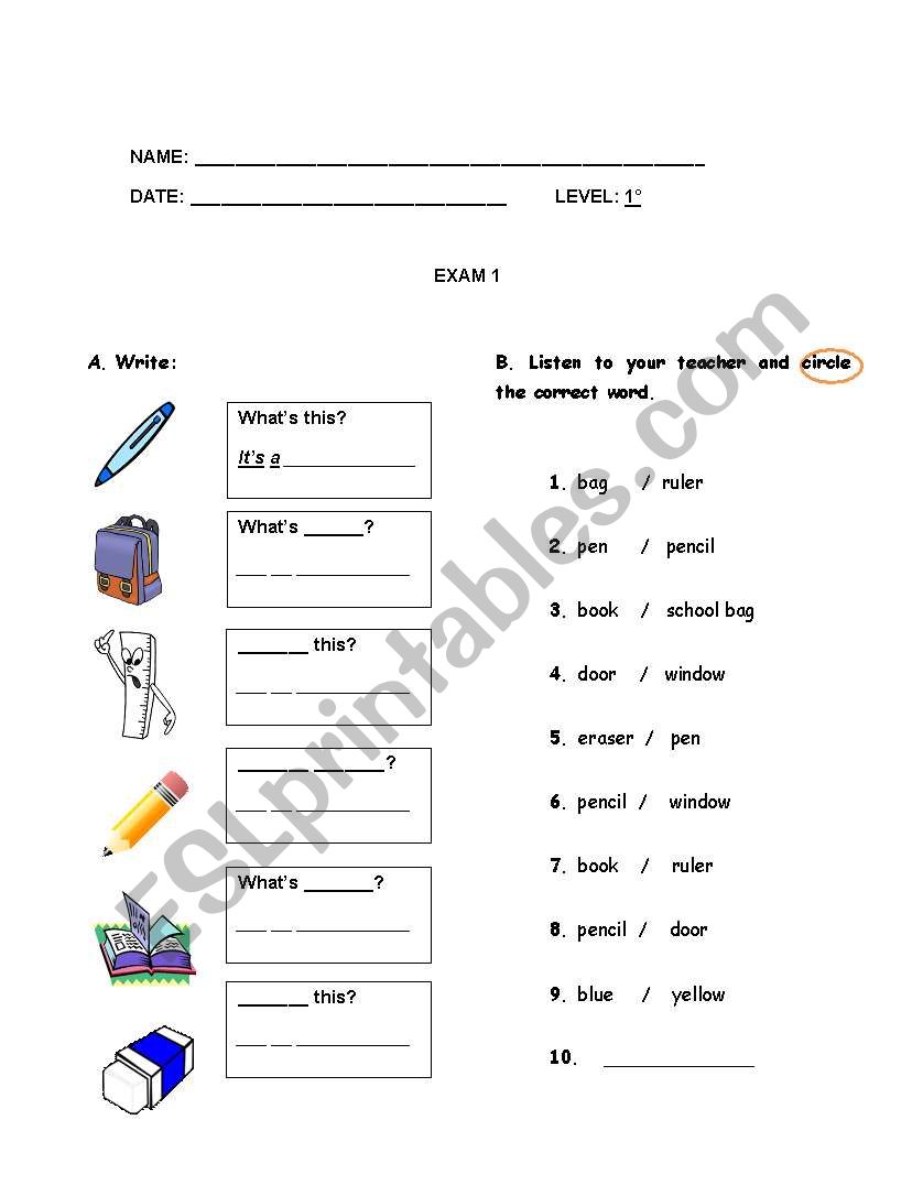 Classroom Supplies Exam worksheet