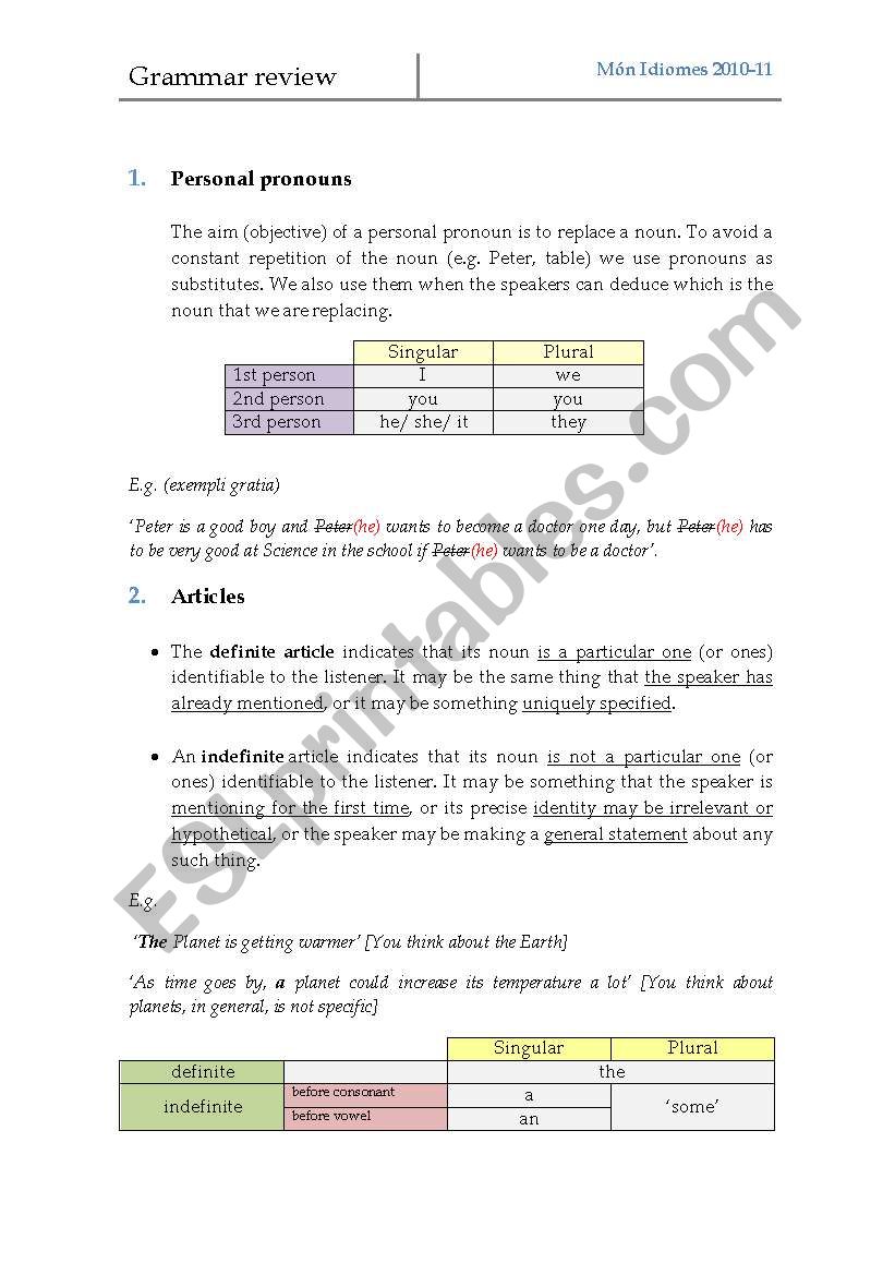 Grammar review worksheet