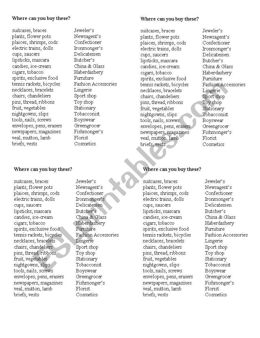Kinds of shops worksheet