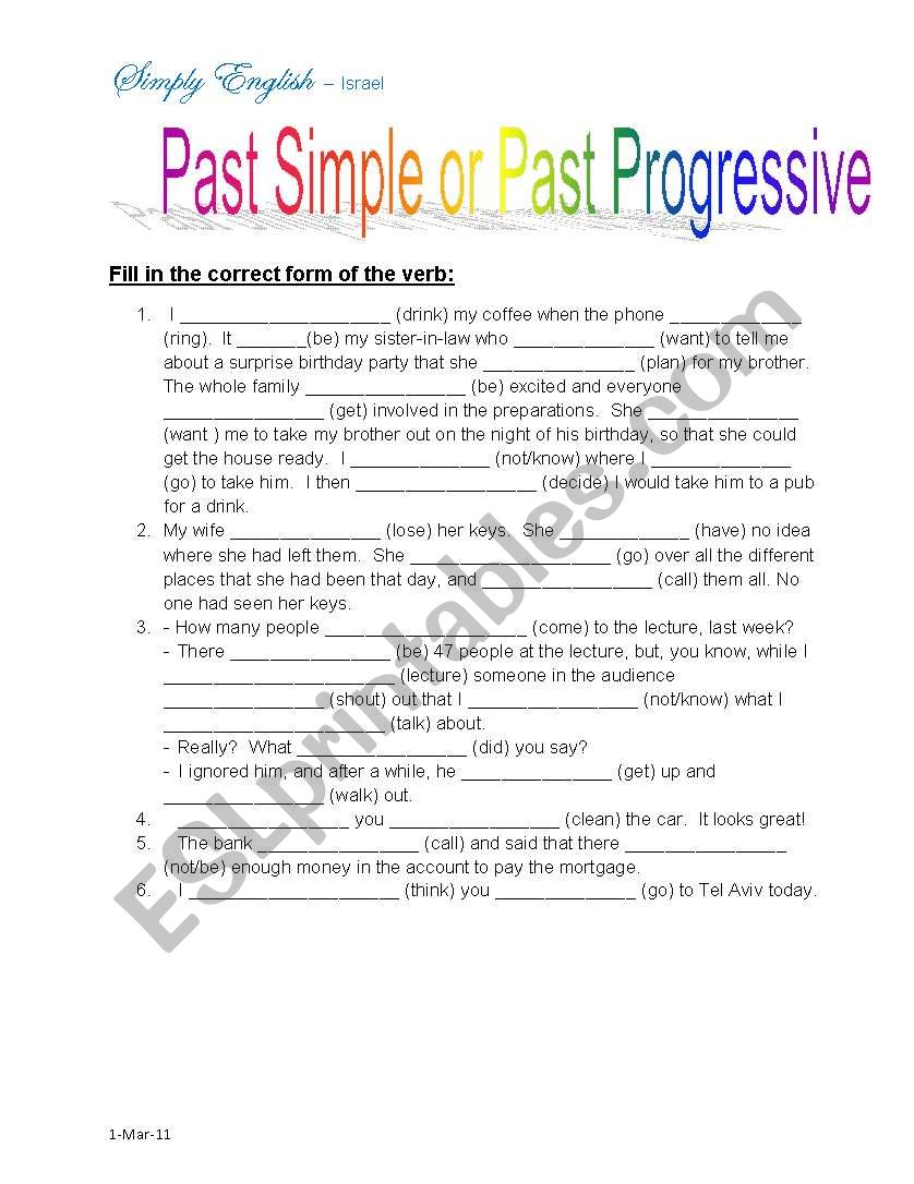 Past Simple Or Past Progressive ESL Worksheet By JudyHalevi