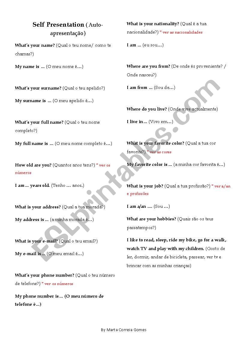 Self Presentation worksheet