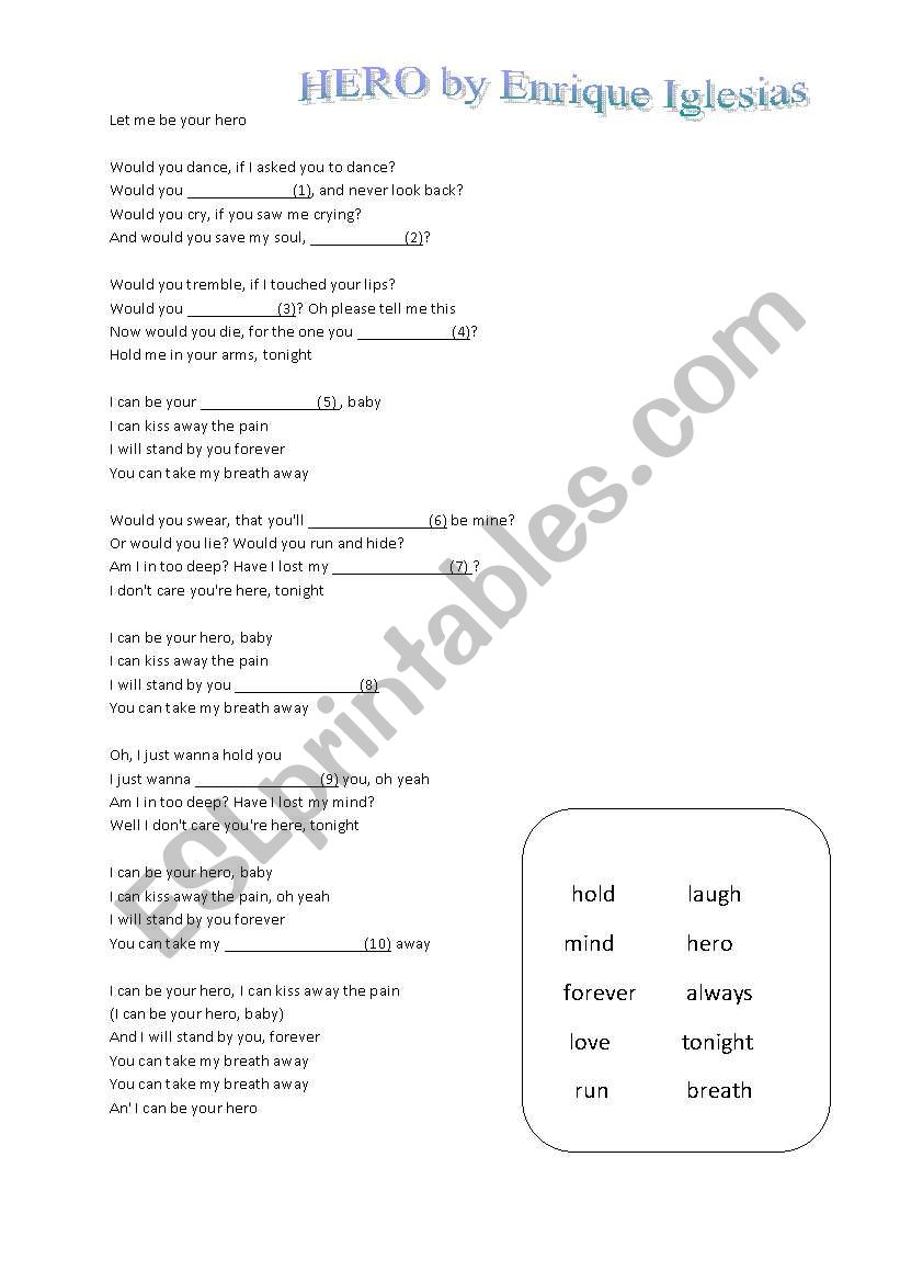 Hero Song Gap Fill worksheet