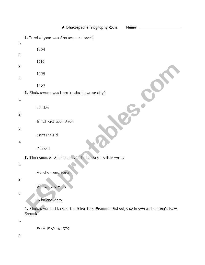 A Shakespeare Biography Quiz worksheet