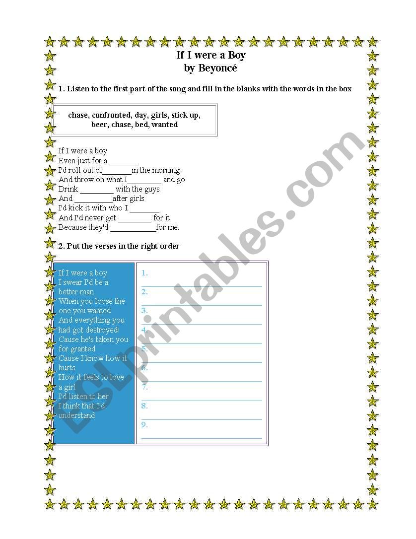 If I were a boy by Byonc worksheet