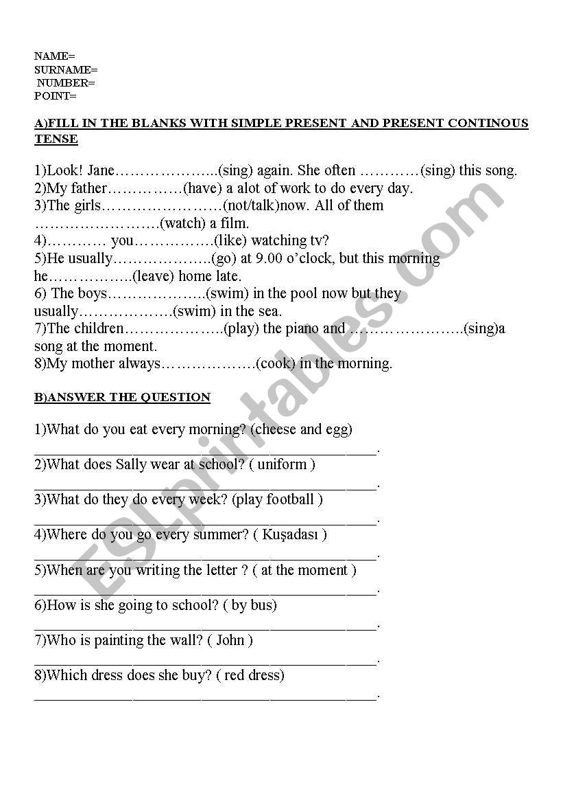 worksheet about s.present and present cont.