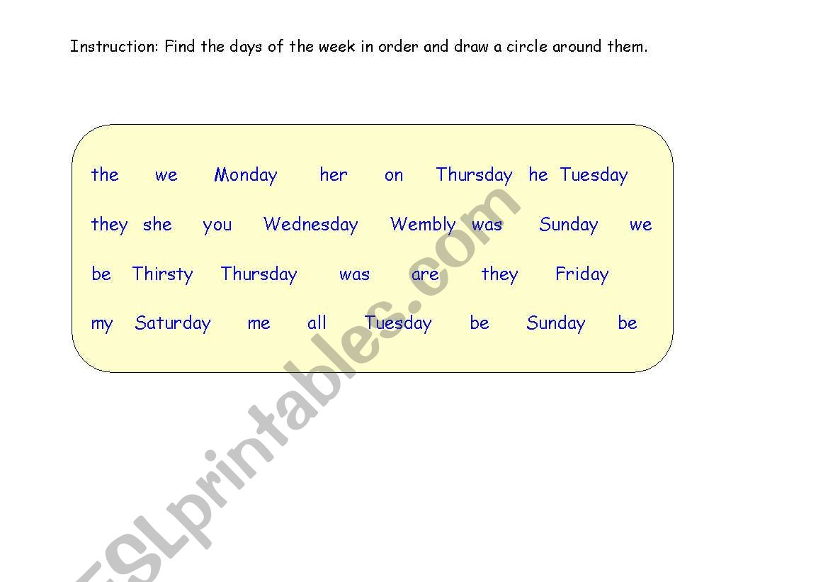 Tracking Days of the Week worksheet
