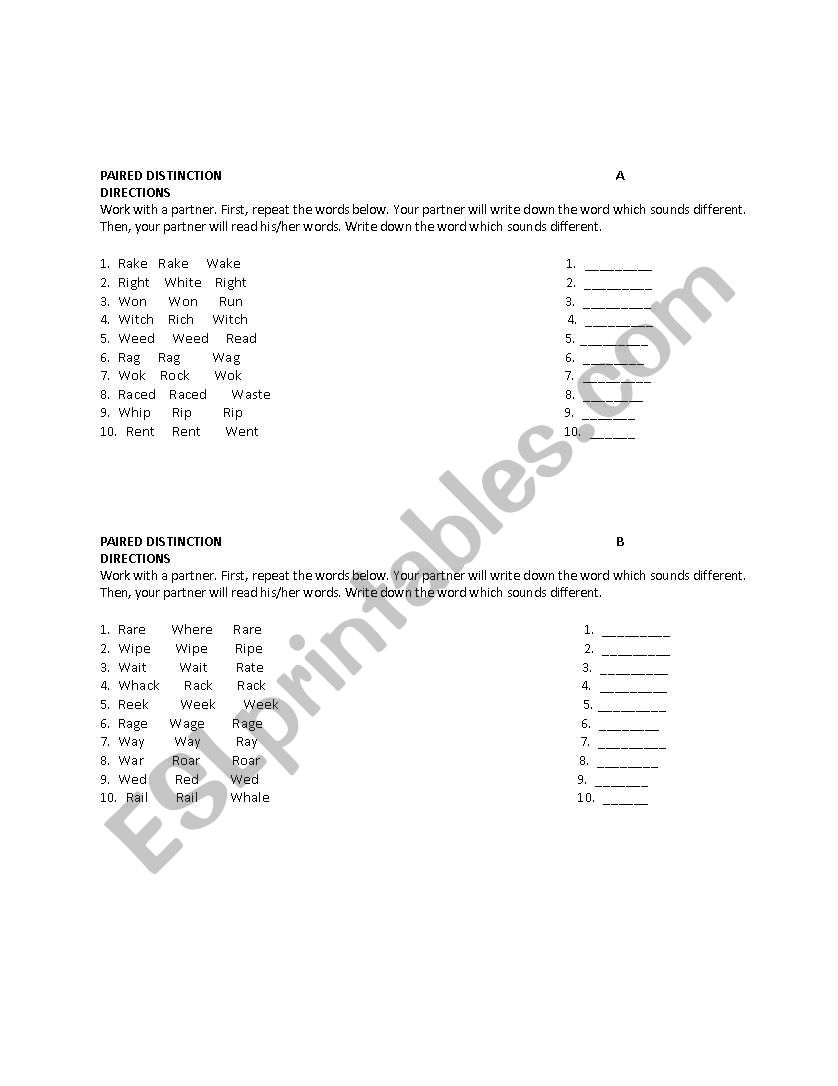 Pronuncation /r/ and /w/ worksheet
