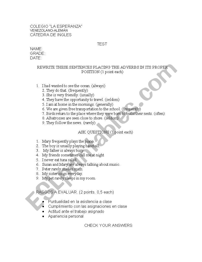 Frequency adverbs worksheet