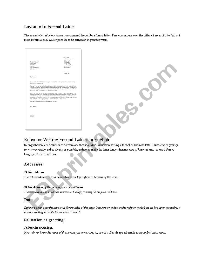 Layout of a formal letter worksheet