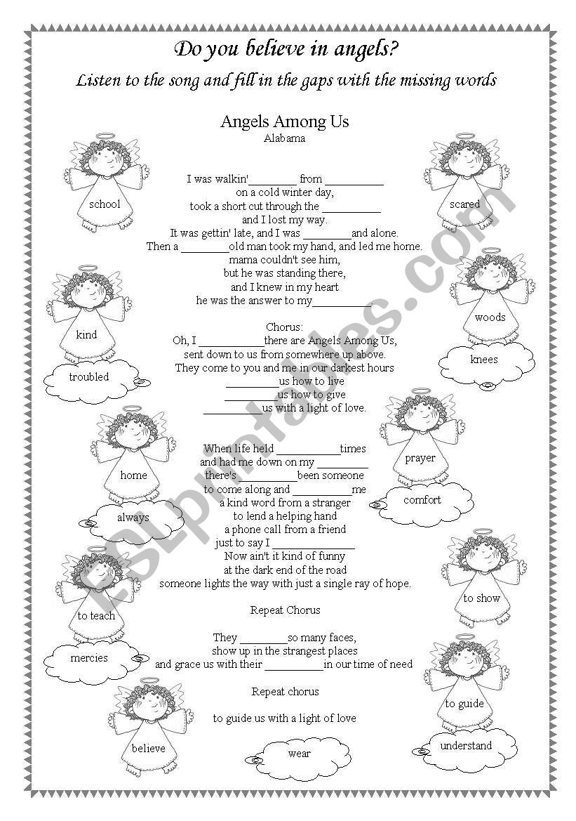 english worksheets song worksheet angels among us by alabama