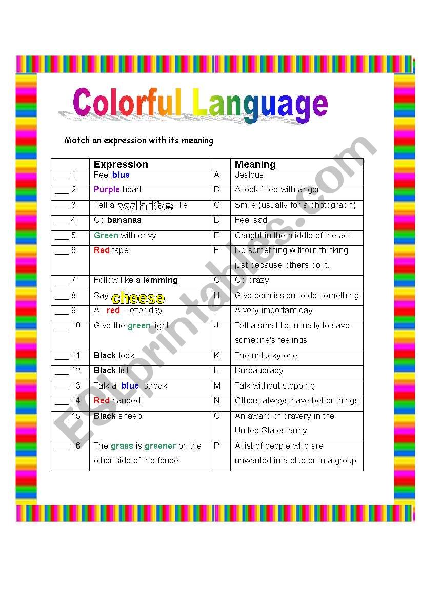 Colorful Language ESL Worksheet By Gilorit