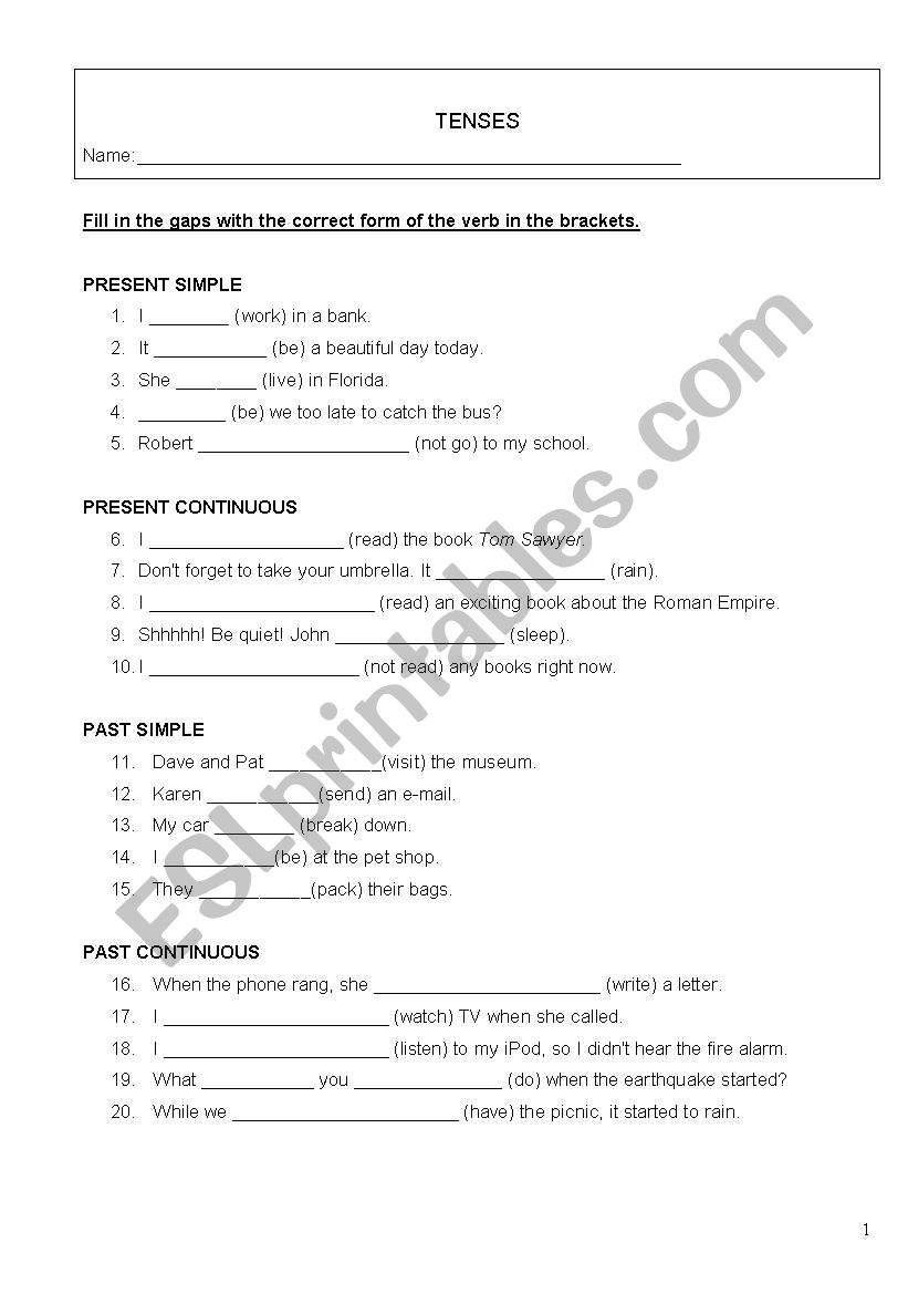 Tenses ESL Worksheet By Gabi12980