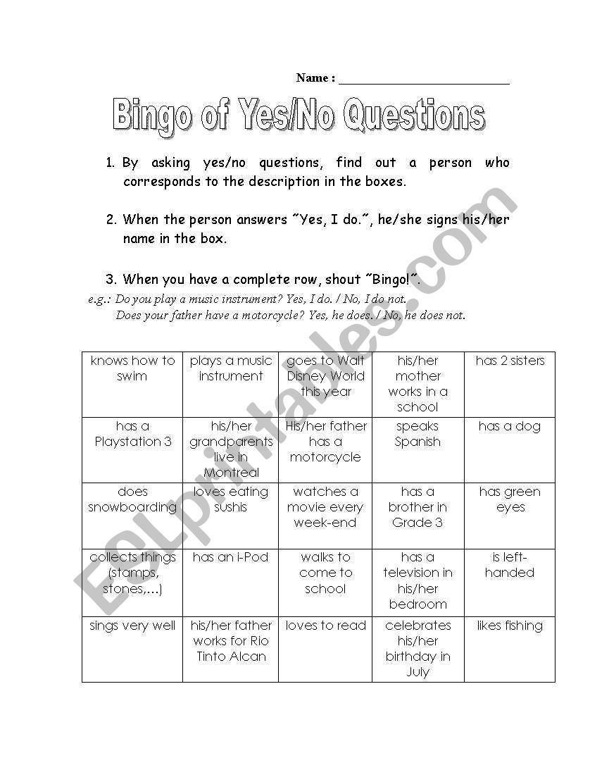 Bingo of Yes-No Questions worksheet