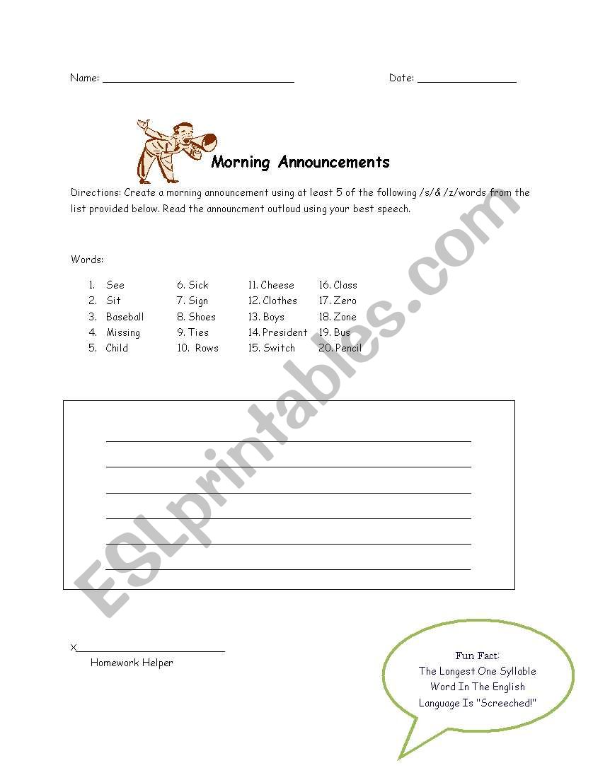 Annoucement worksheet