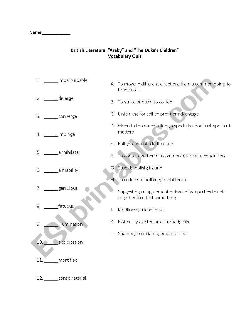 Araby and The Dukes Children Vocab Quiz