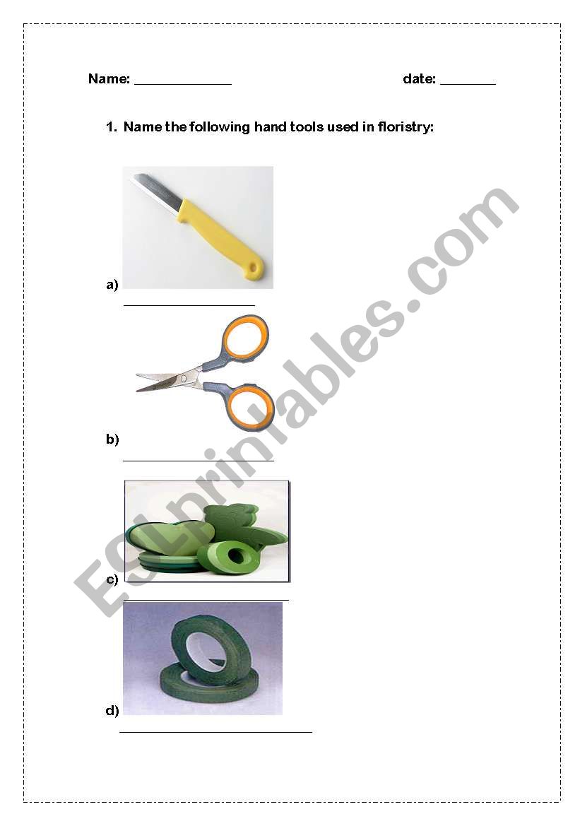 Floristry tools worksheet