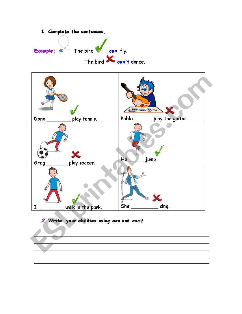 English worksheets: can and can´t