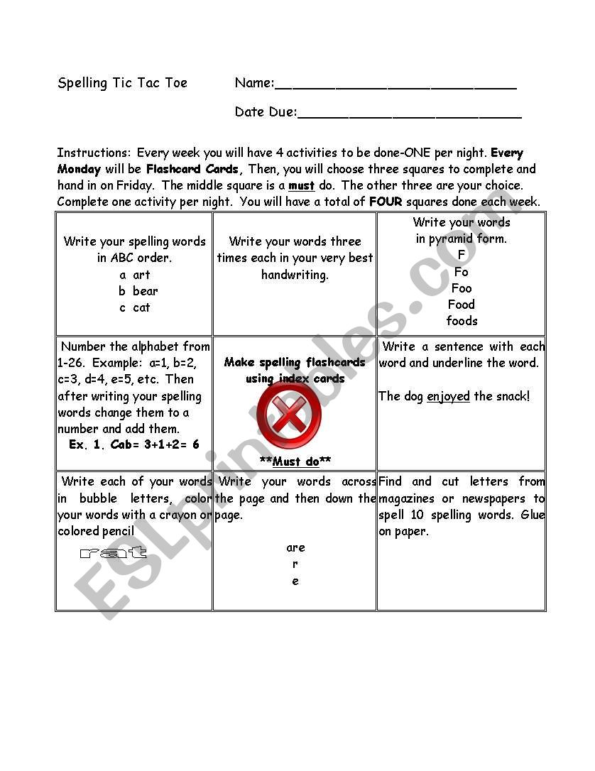 Tic Tac word Study worksheet