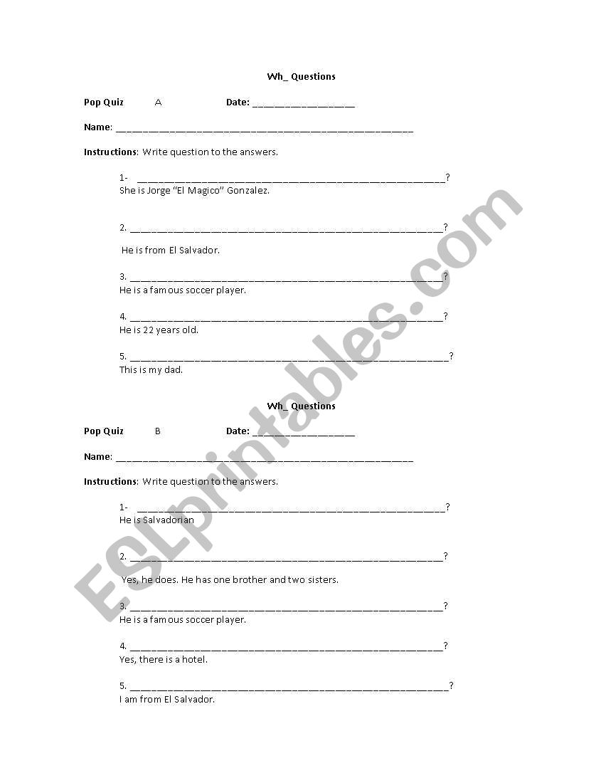 Pop quiz Wh_ Questions worksheet