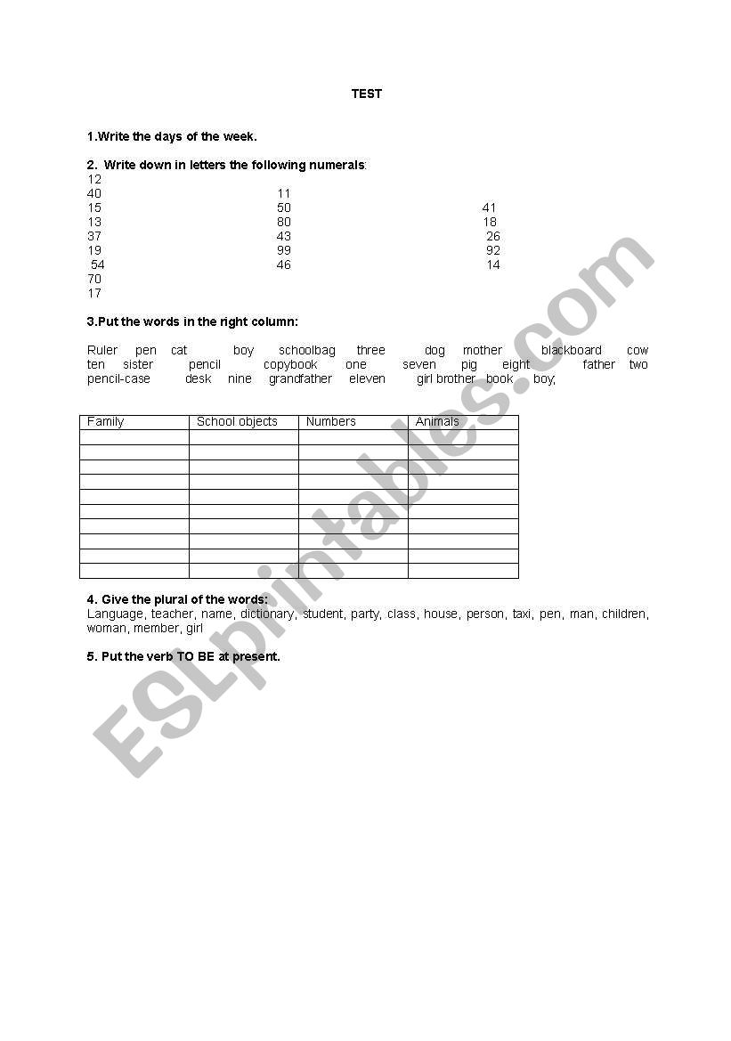 Test days of the week numerals