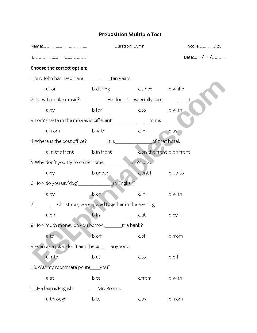 Preposition multiple test worksheet