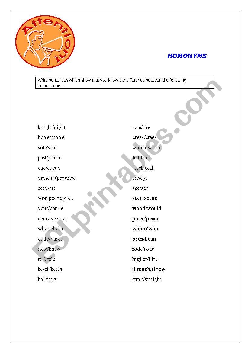 Homonyms worksheet