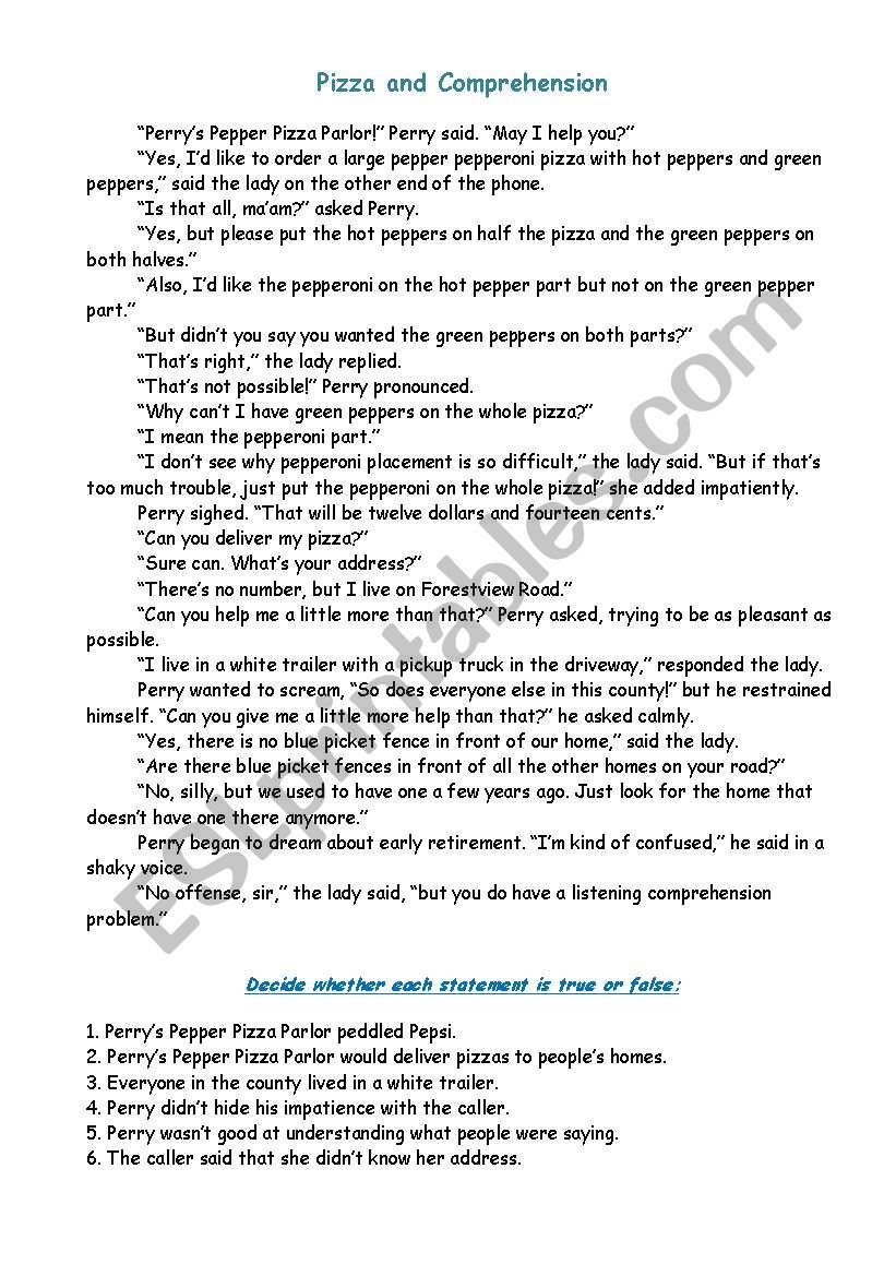 Pizza and Comprehension worksheet
