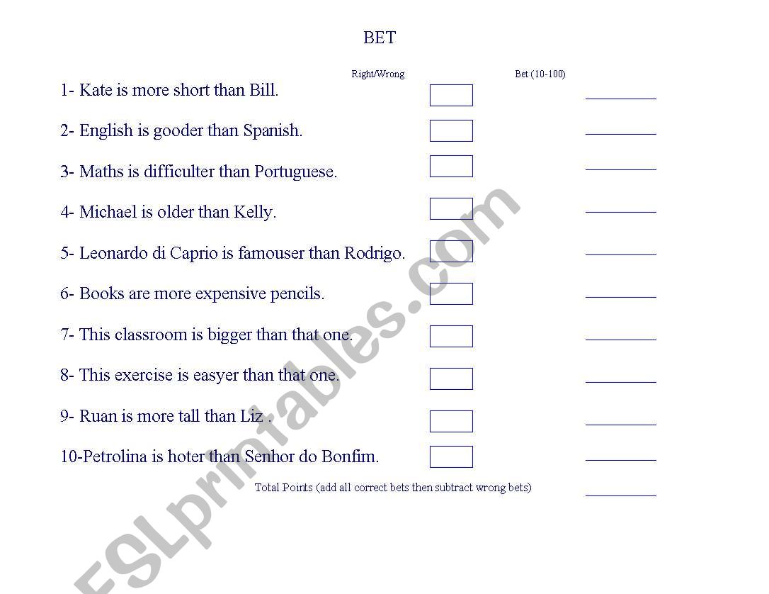 comparative worksheet