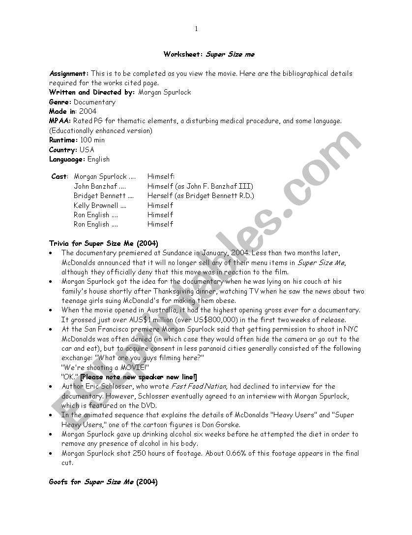 super size me  worksheet