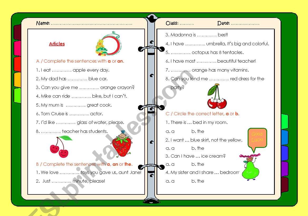 Articles worksheet